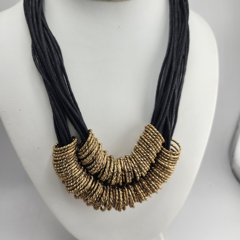 Black Cords Gold‎ Tone Rings Multistrand Necklace